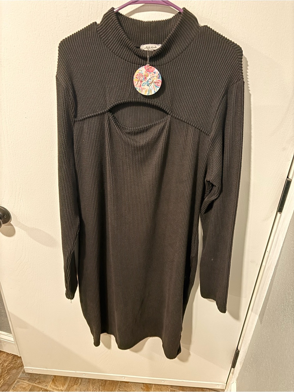 White Birch Ribbed Long Sleeve Cutout Dress - Black 2x